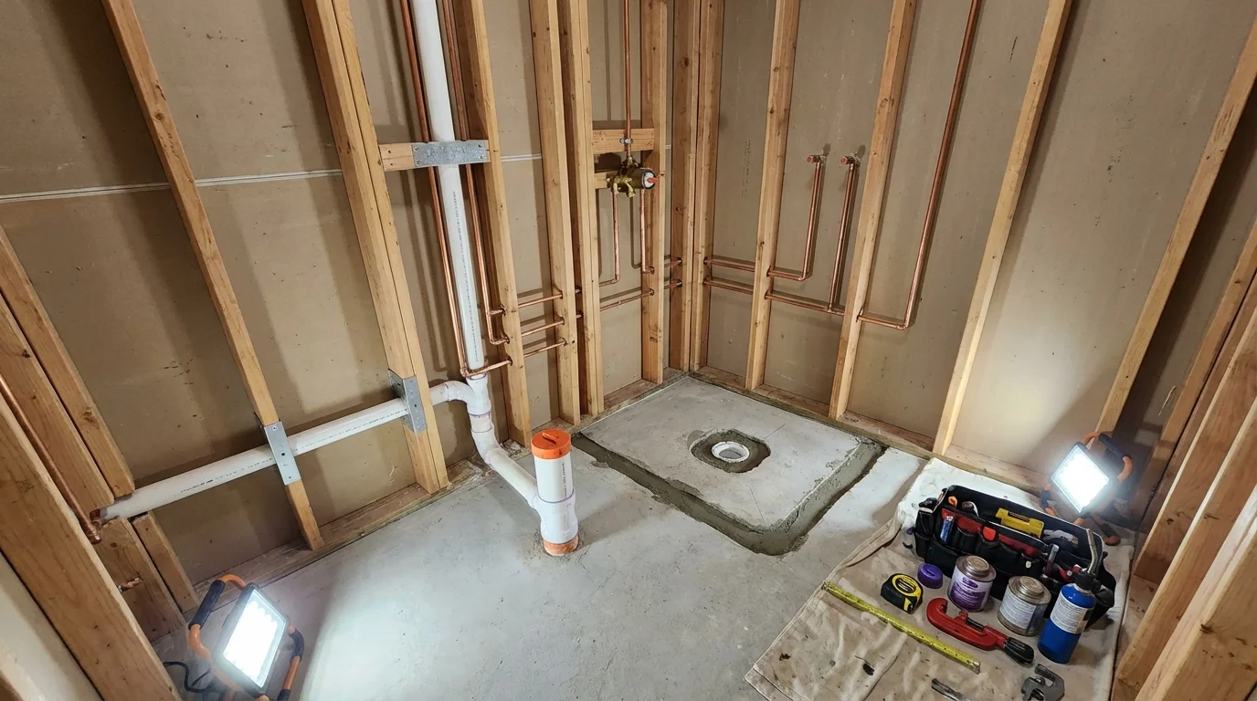 Bathroom rough-in plumbing during remodel by Johns Plumbing LLC in Kathleen