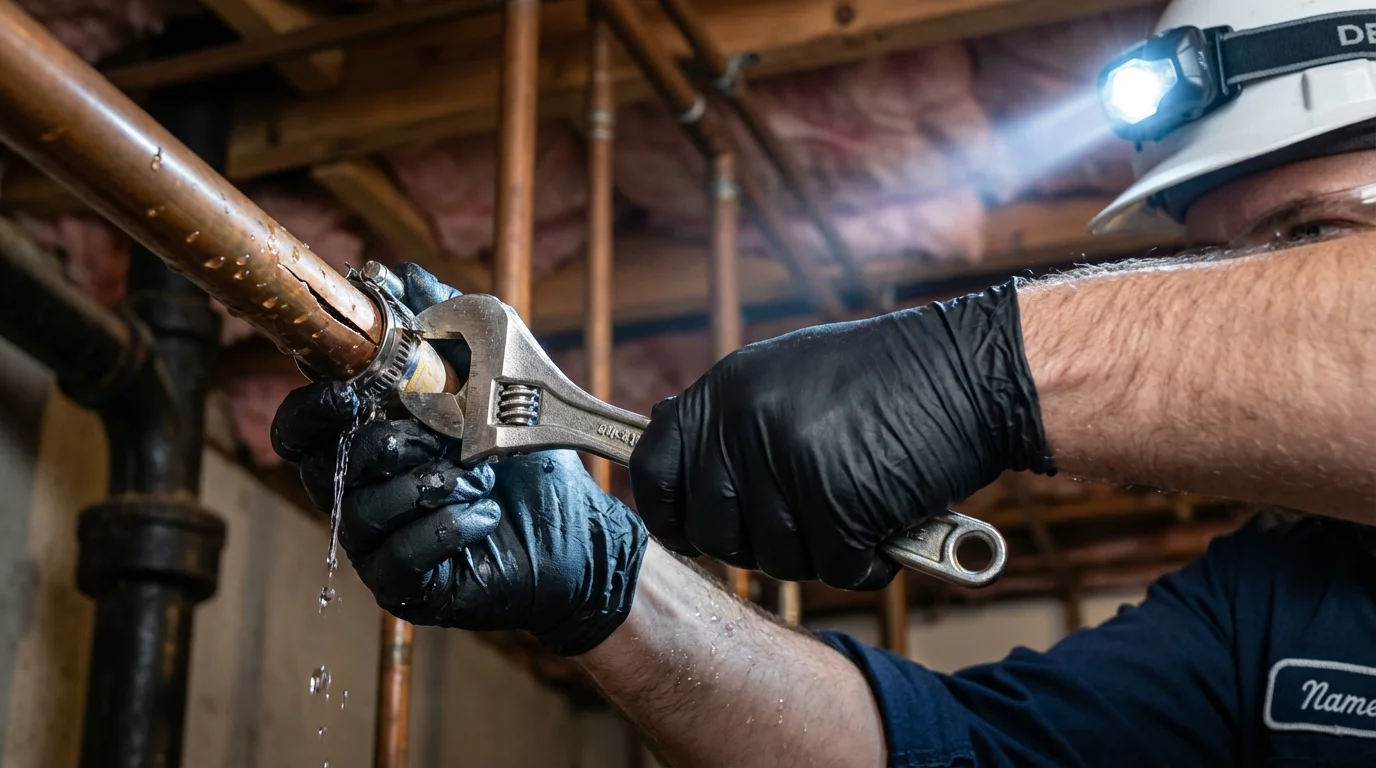 Emergency pipe clamp repair being performed by a Johns Plumbing LLC plumber in Kathleen